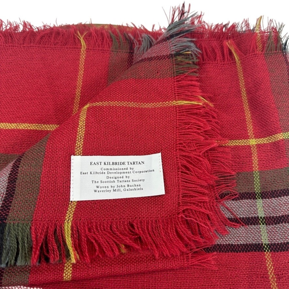 VTG 90s East Kilbride Tartan Shawl Red Plaid Scotland Wool Wrap John Buchan 1990
